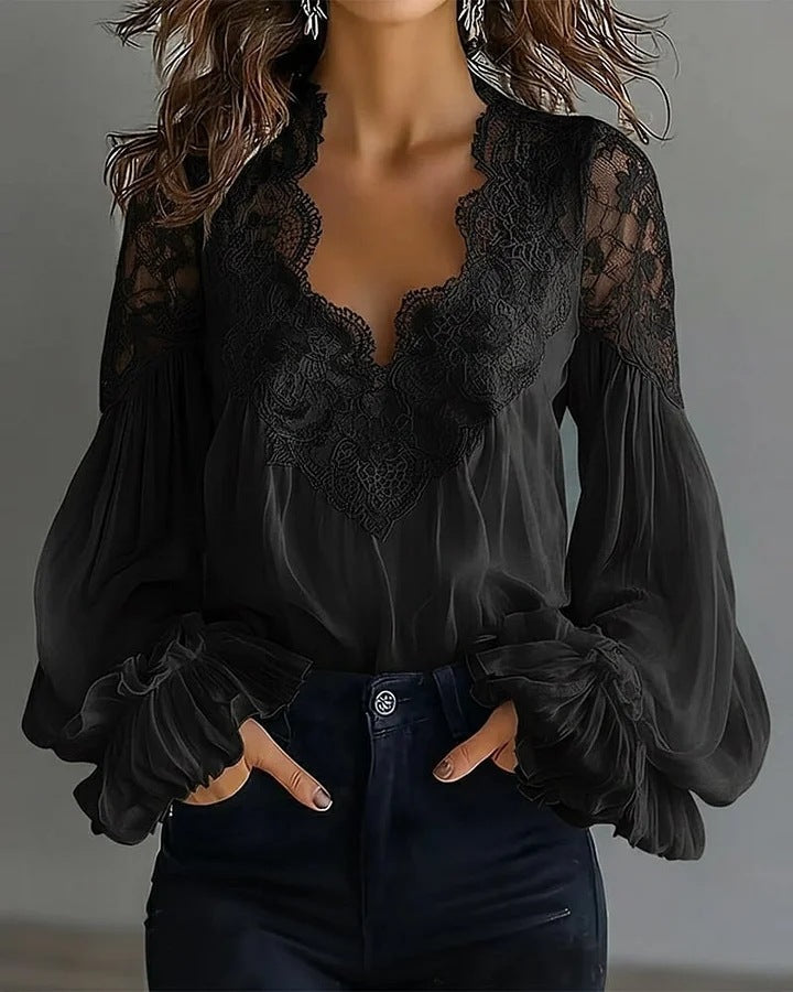 Lightweight women's lace blouse with trendy ruffle long sleeves, great for chic spring/summer fashion.