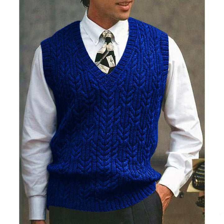 Elegant men's cable knit sweater vest for office wear, perfect for winter layering.