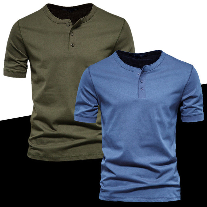 Men's short sleeve Henley shirt with a button placket, perfect for casual summer wear.