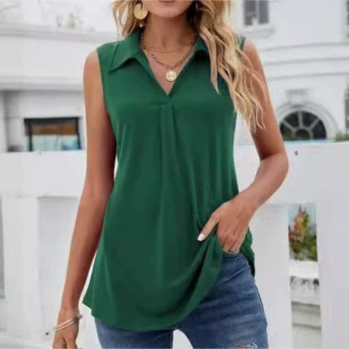 Women's chic sleeveless top with elegant button details, a stylish and structured piece for modern office wear.