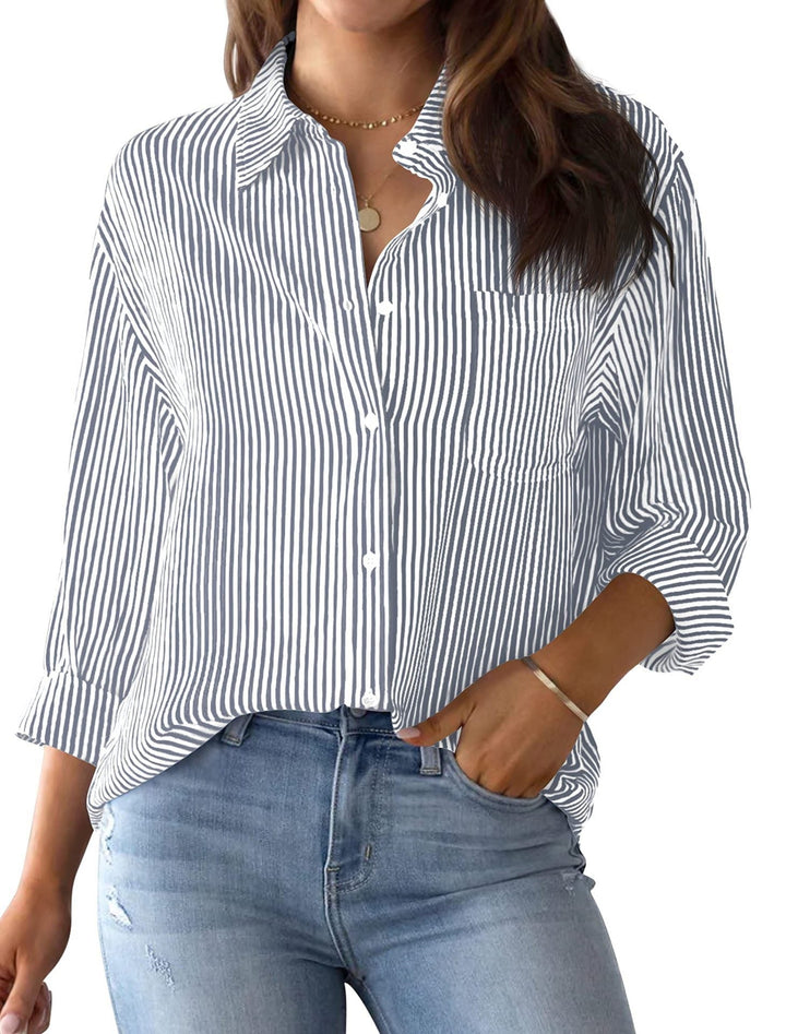 Summer-ready women's striped top, loose-fitting, with a practical chest pocket detail.