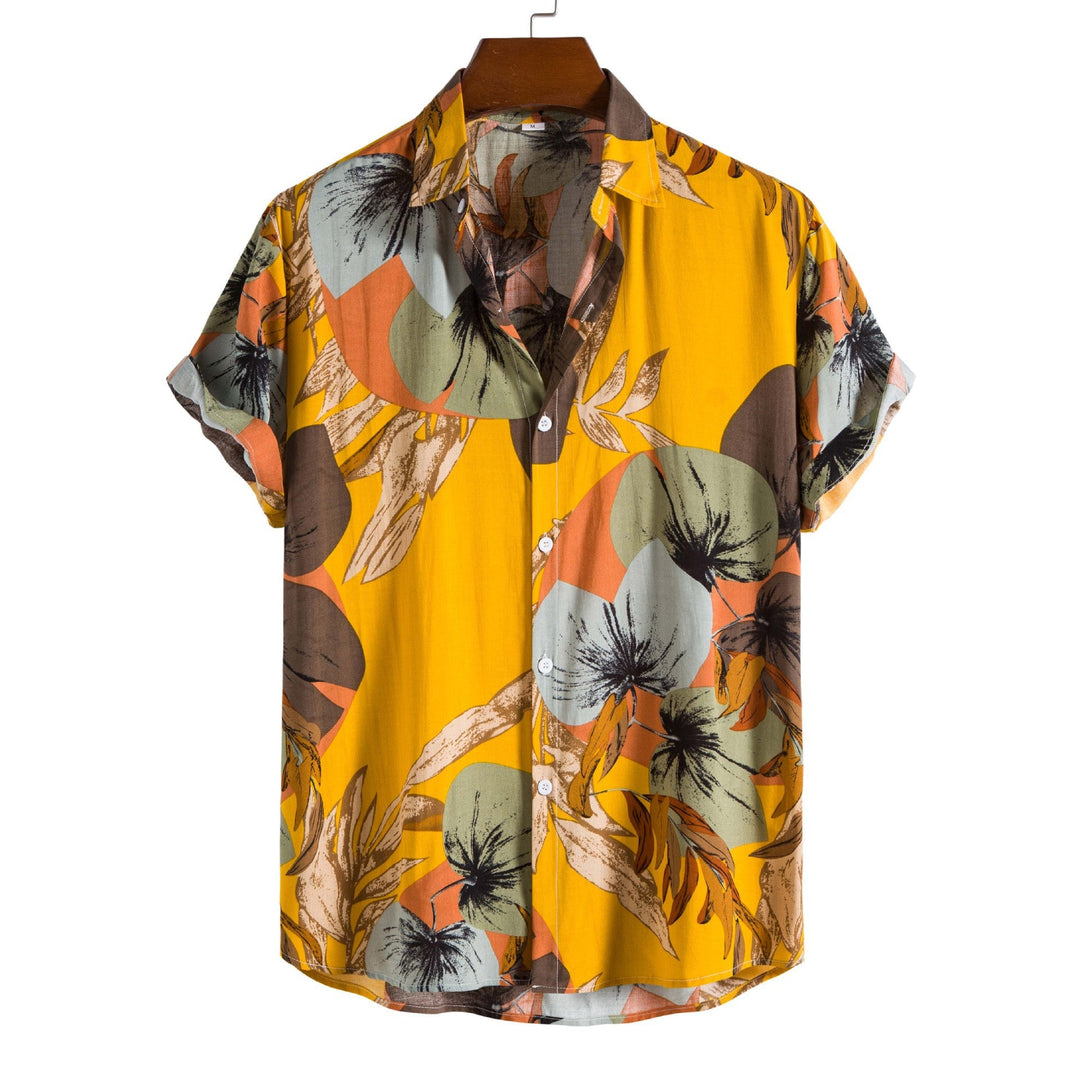 Vibrant floral patterned men's short sleeve shirt, offering a stylish look and comfortable relaxed fit for summer.
