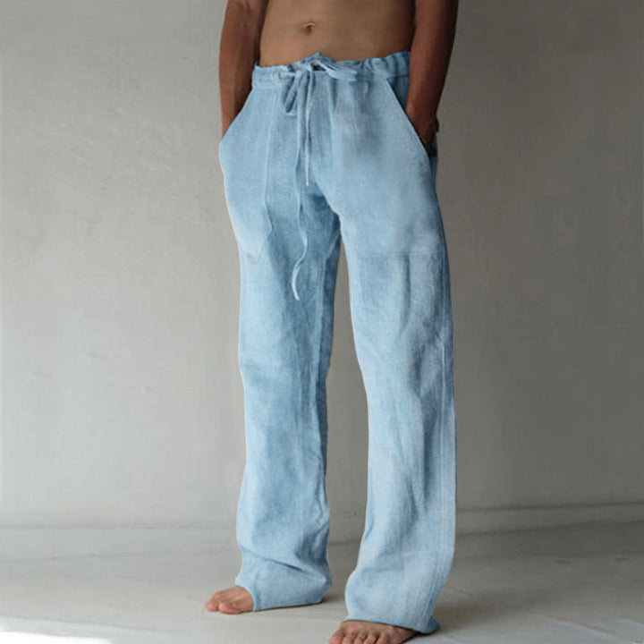 Men's modern relaxed fit trousers, elastic waist, breathable and comfortable for beach or casual wear.