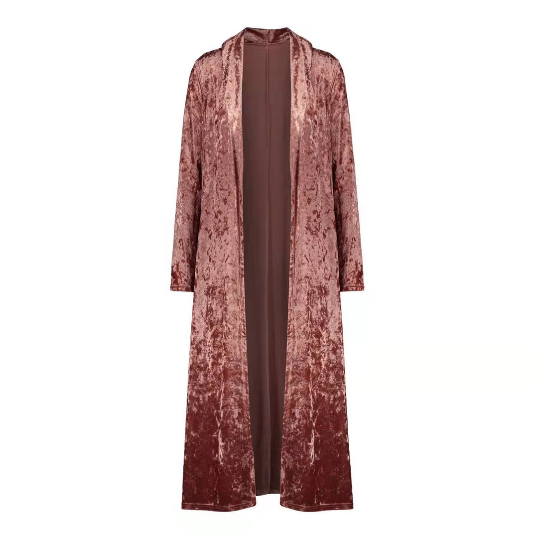 Fashionable women's long duster coat, an elegant open front outerwear piece for women's stylish wardrobes.
