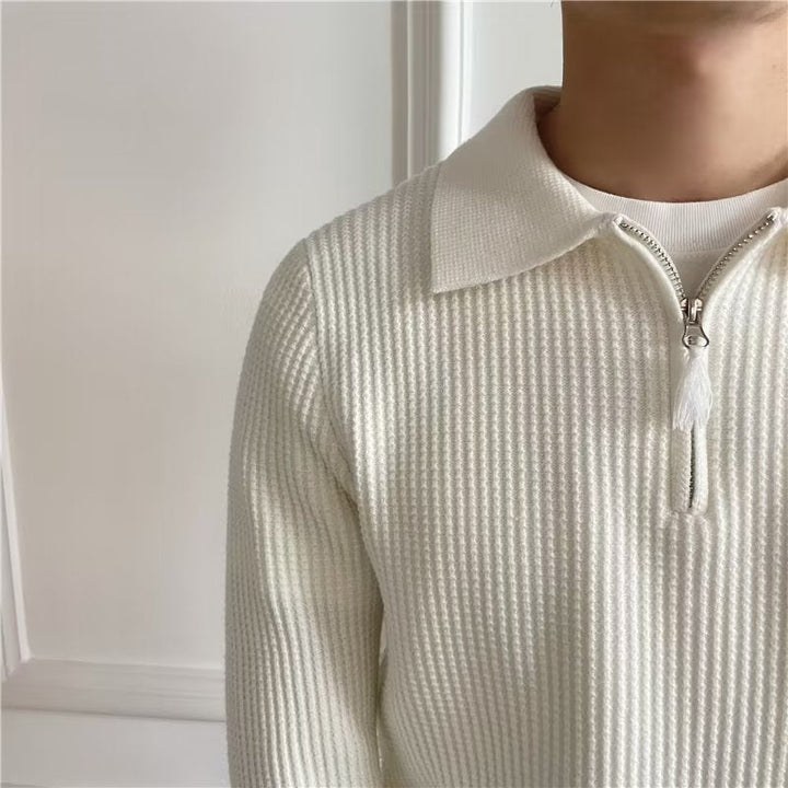 Comfortable men's long sleeve zip up polo sweater. Ideal for smart casual autumn and winter wear.
