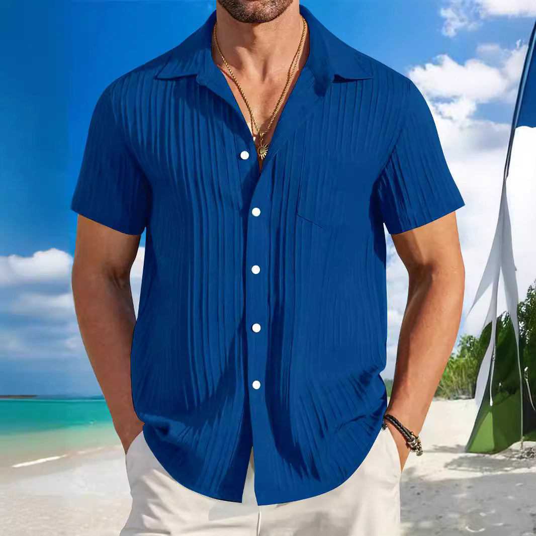 Comfortable men's relaxed fit short sleeve shirt, structured for a stylish beach look.