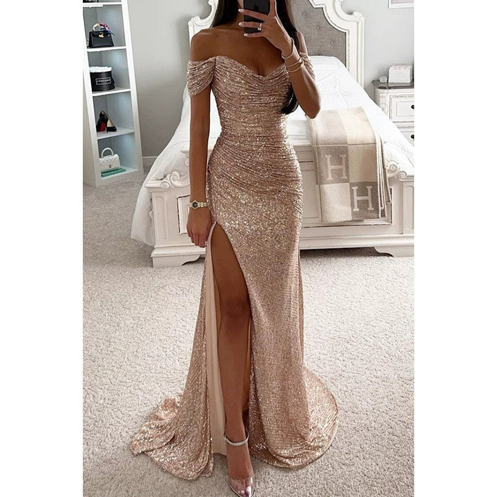 Shimmering women's off-shoulder sequin evening dress. Glamorous long party gown with an elegant slit detail.