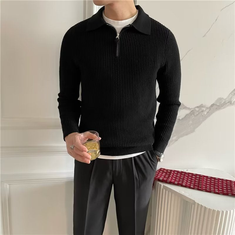 Front view of men's smart casual textured knit zip polo sweater. Ideal for fall & winter layering.