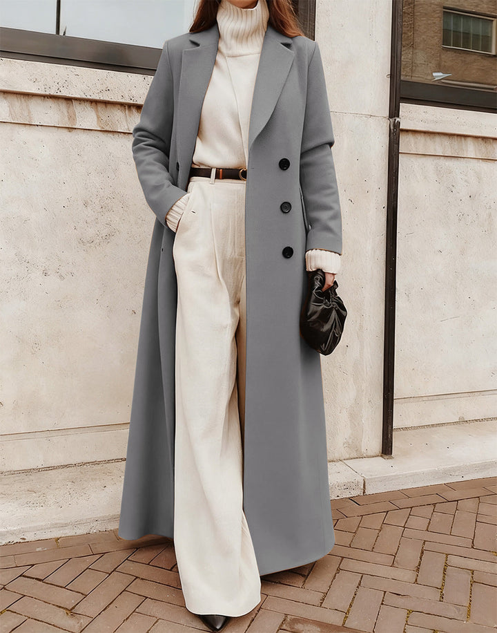 Stylish women's double-breasted jacket, perfect for winter fashion, featuring deep functional pockets.
