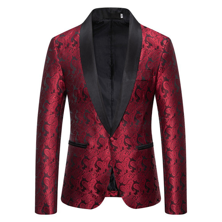 Luxury men's wedding attire: a black paisley tuxedo blazer, adds a touch of class.