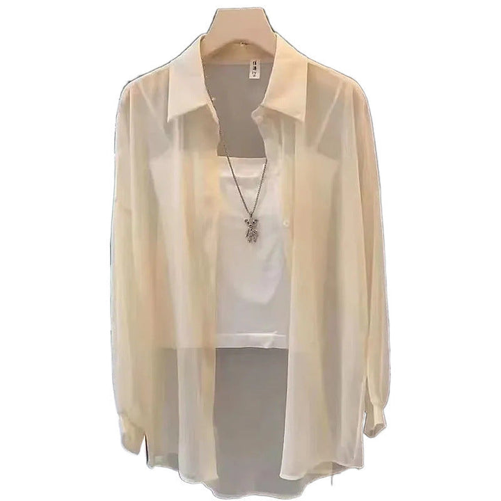 Women's elegant sheer button-down tunic. Long-sleeve layered blouse, perfect for chic spring & summer fashion.