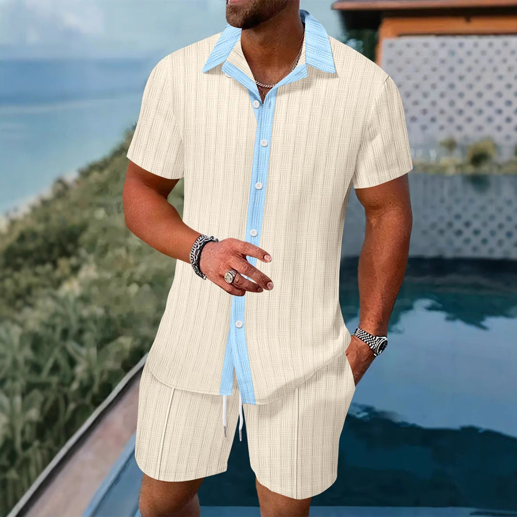 Men's casual summer button-up shirt & shorts set. Perfect leisure outfit for warm weather & vacation.