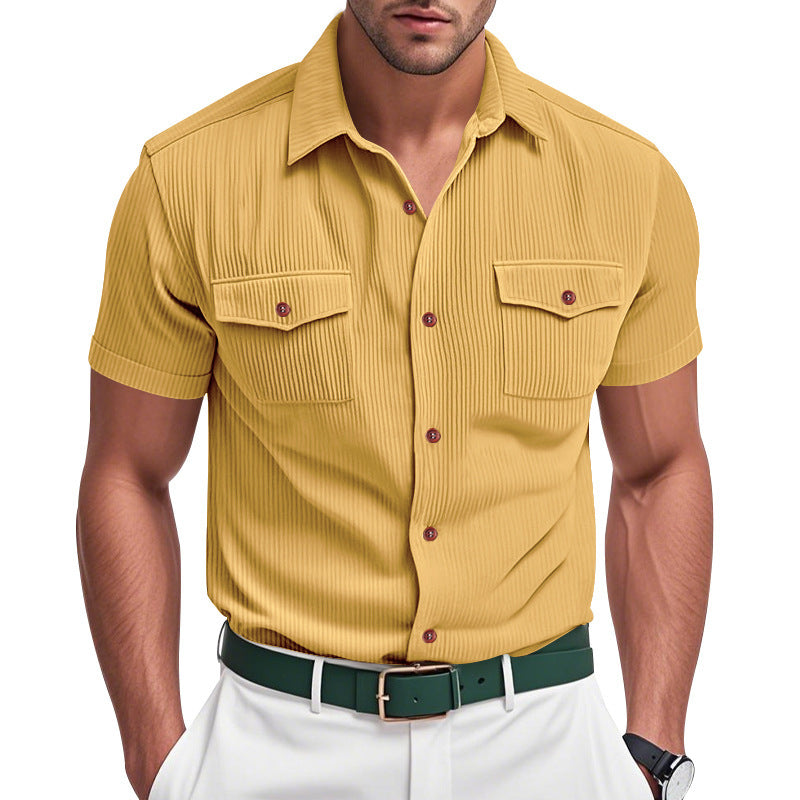 Stylish men's striped short sleeve shirt with dual chest pockets. Features a modern stripe pattern, great for leisure.