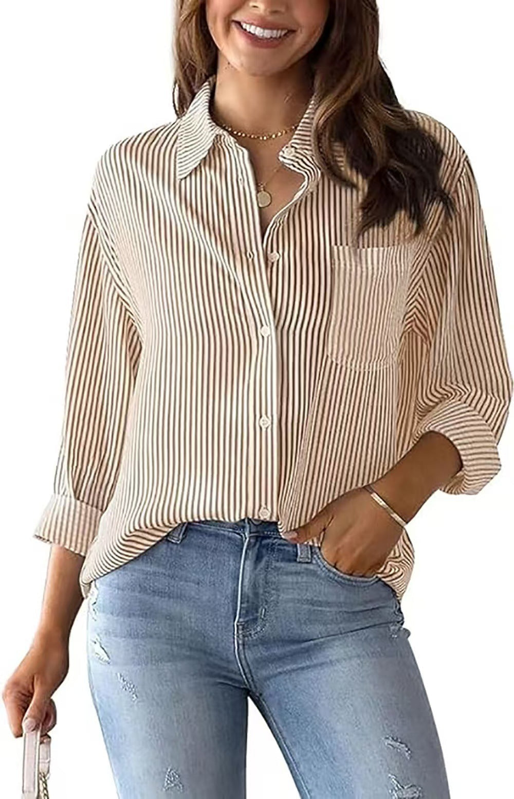 Classic striped loose women's shirt, comfortable and perfect for casual outfits.