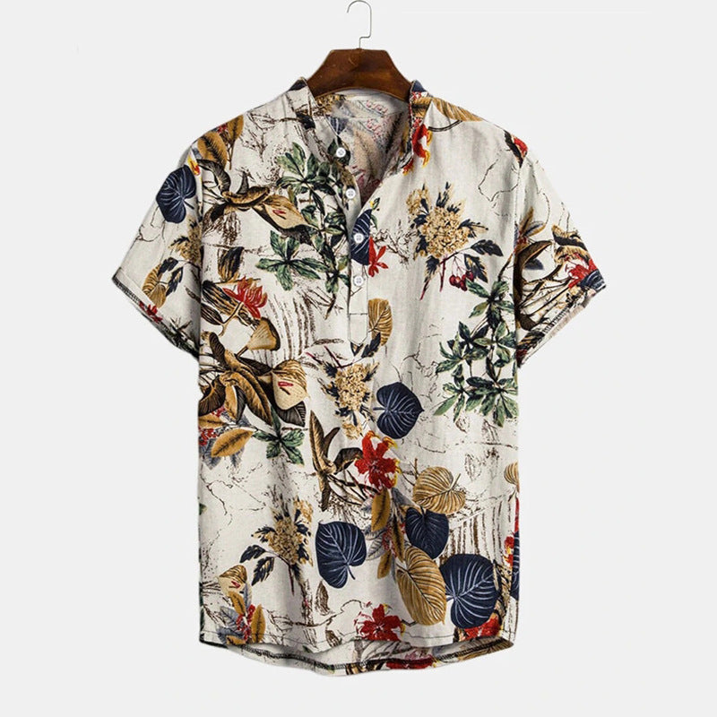 Men's casual short sleeve floral henley shirt with a stylish print, perfect for summer comfort.