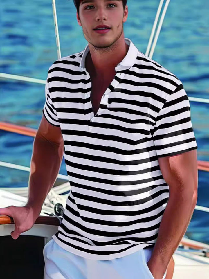 Smart casual men's striped polo shirt, perfect for summer fashion. Stand-up collar, short sleeve top.