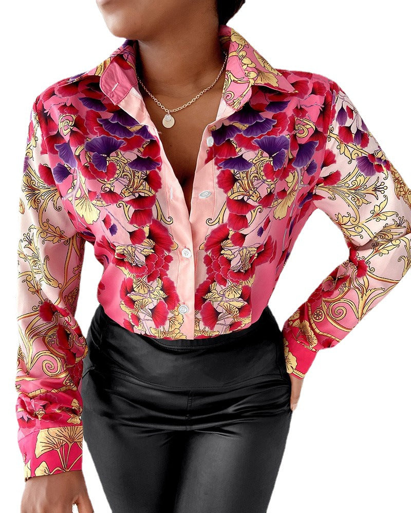 Fashionable women's printed blouse with a trendy collar, long sleeves, offering an elegant & fitted look.