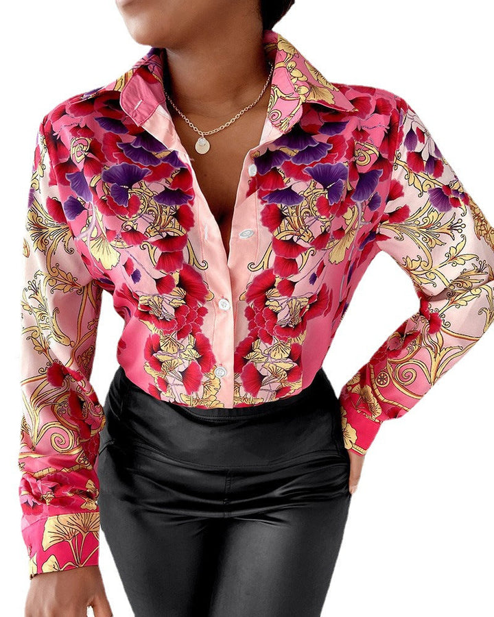 Fashionable women's printed blouse with a trendy collar, long sleeves, offering an elegant & fitted look.