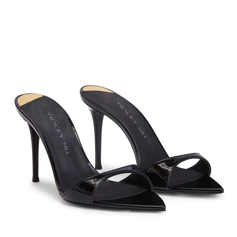 Elegant women's pointed-toe open-back stiletto heels for parties & formal wear.