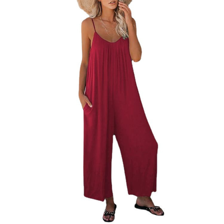Ultra-comfortable women's summer casual jumpsuit, sleeveless with a plunging neckline for relaxed style.