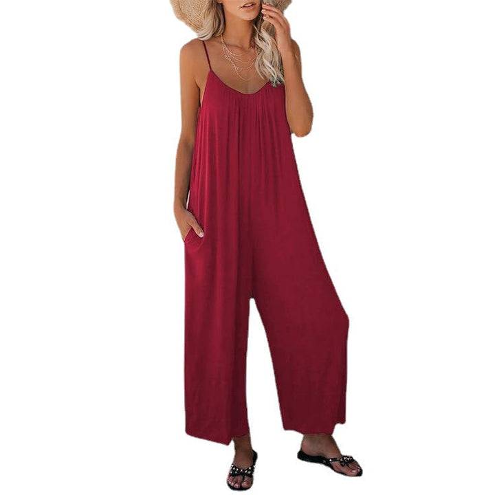 Ultra-comfortable women's summer casual jumpsuit, sleeveless with a plunging neckline for relaxed style.