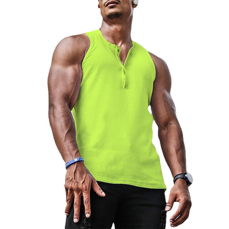 Stylish men's gym shirt, sleeveless with button placket detail, perfect activewear for workouts & sports.