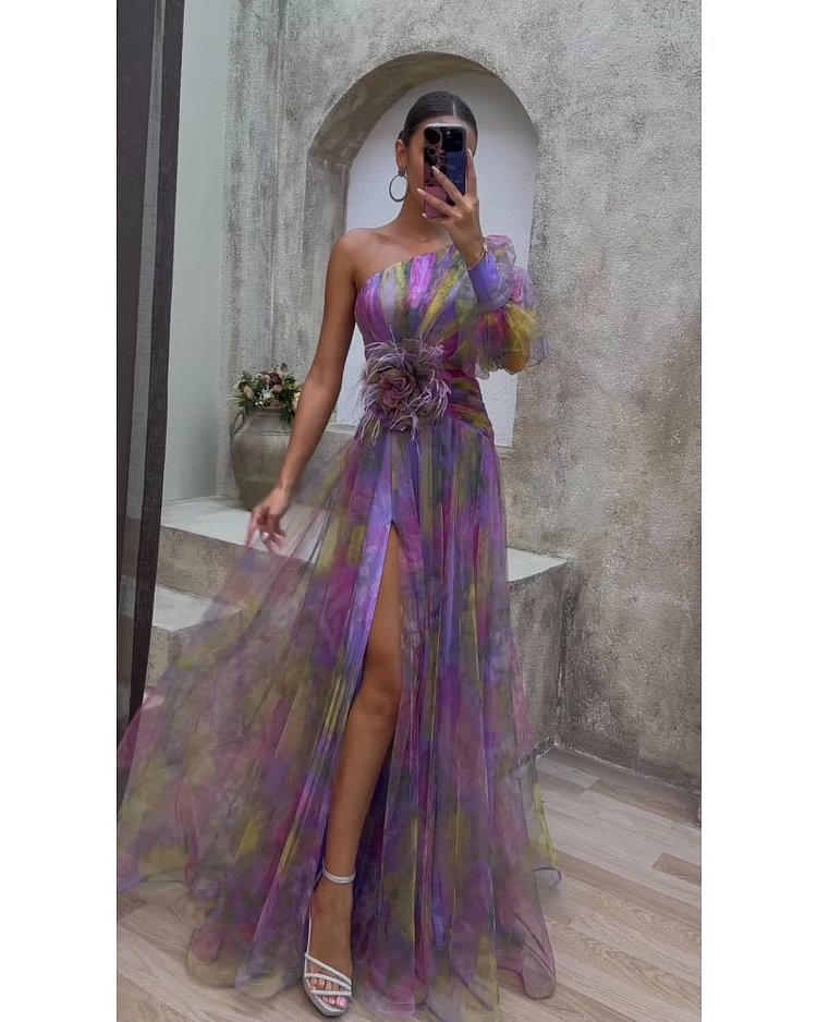 Stunning women's one-shoulder formal dress with an eye-catching asymmetric floral pattern & flattering silhouette.