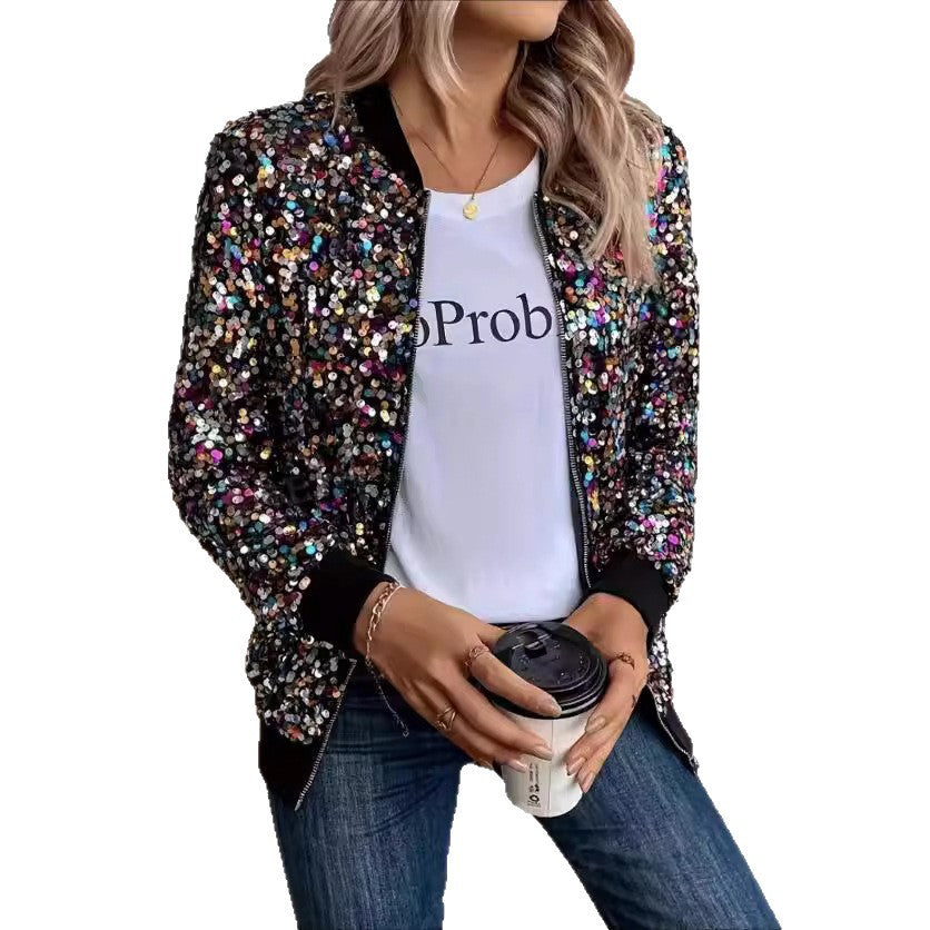 Shiny women's sequin jacket, a vibrant and sparkling outerwear option with comfortable cuffs for evening events.