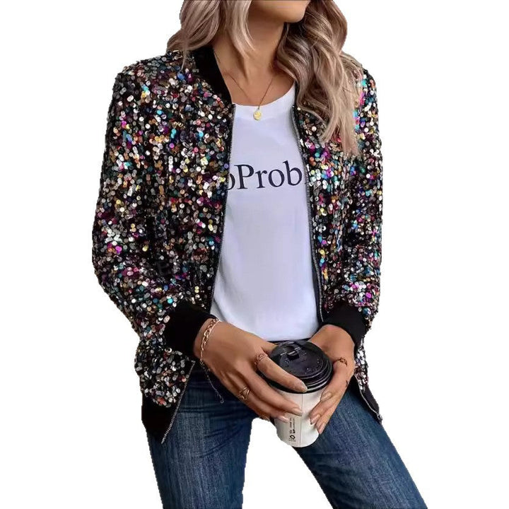 Shiny women's sequin jacket, a vibrant and sparkling outerwear option with comfortable cuffs for evening events.