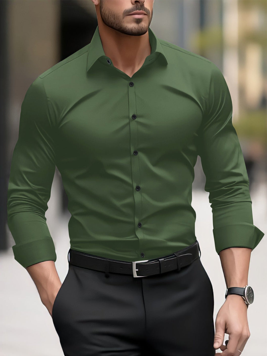 Versatile men's slim-fit long sleeve shirt, suitable for both casual and smart-casual outfits.