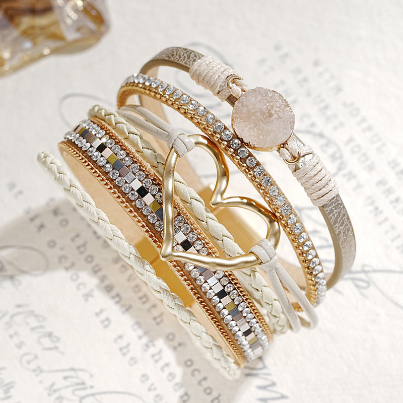 Boho chic women's bracelet: natural stones & radiant rhinestone heart charm. A lovely gift for her.