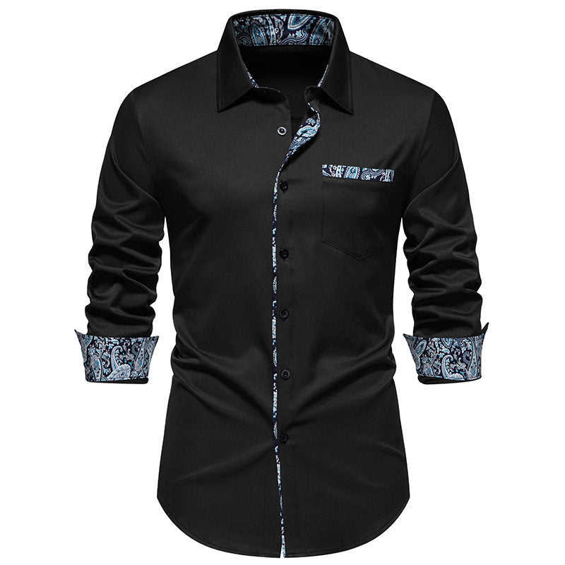 Men's white long sleeve dress shirt with elegant paisley collar & cuffs. Stylish formal or smart casual menswear.