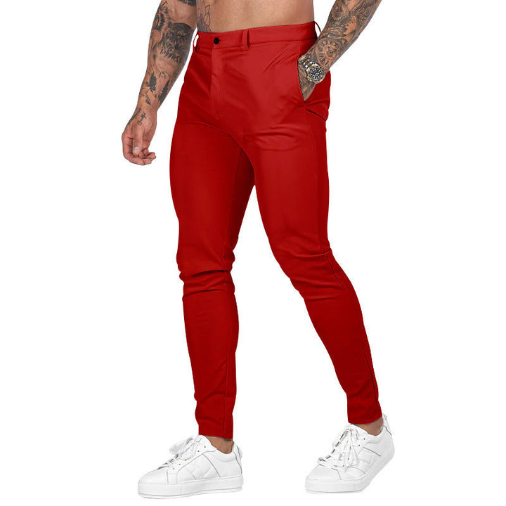Active shot of men's stretch slim-fit chinos in motion, demonstrating flexibility and all-day comfort.