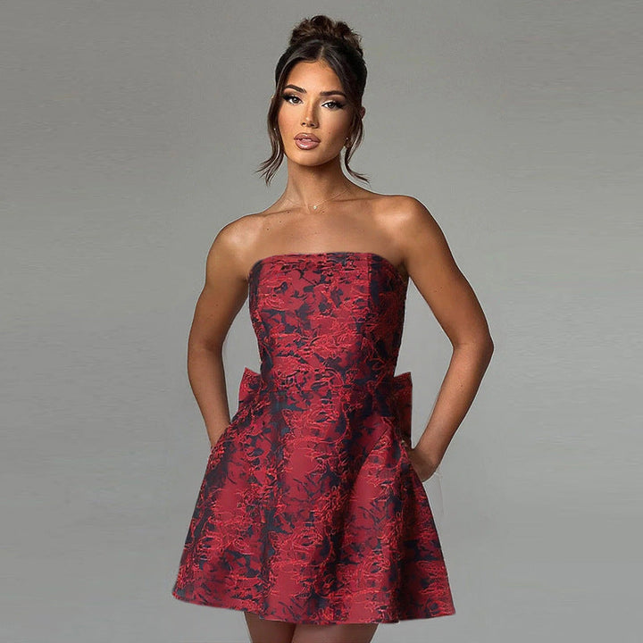Modern strapless A-line mini dress for women, an ideal elegant outfit for any special evening event.