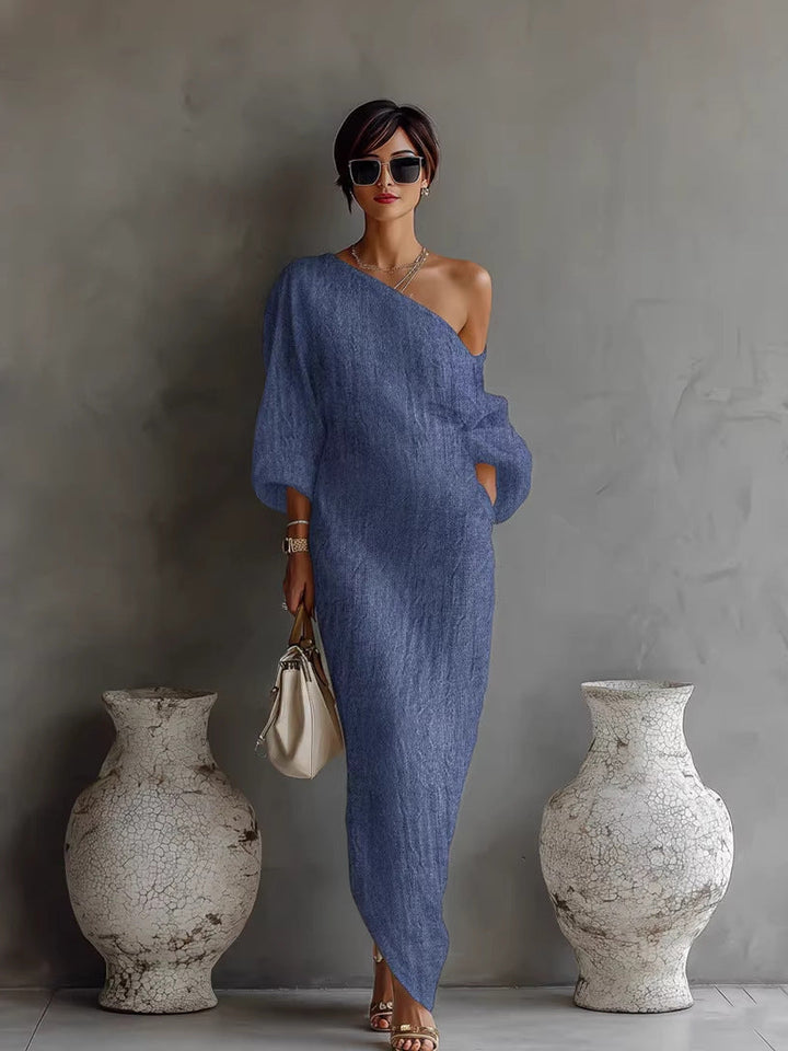 Ivory one-shoulder long maxi dress for women. Elegant & flowing design, perfect for evening wear or a party.