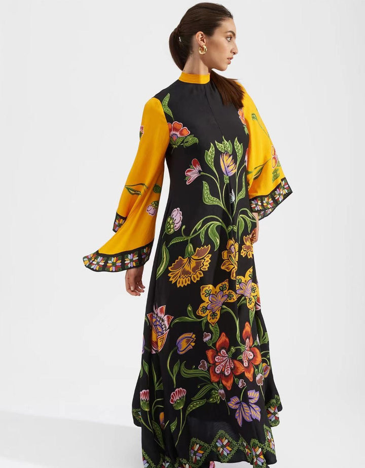 Women's elegant printed maxi dress, three-quarter sleeves, stand collar. Versatile for work or casual.