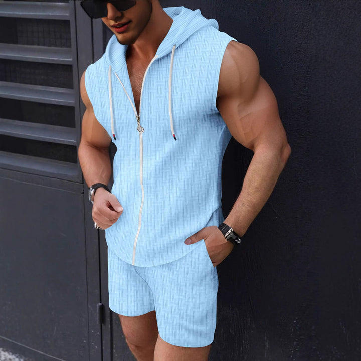 Athletic men's zip-up sleeveless hoodie & matching shorts set. Ideal casual summer wear.