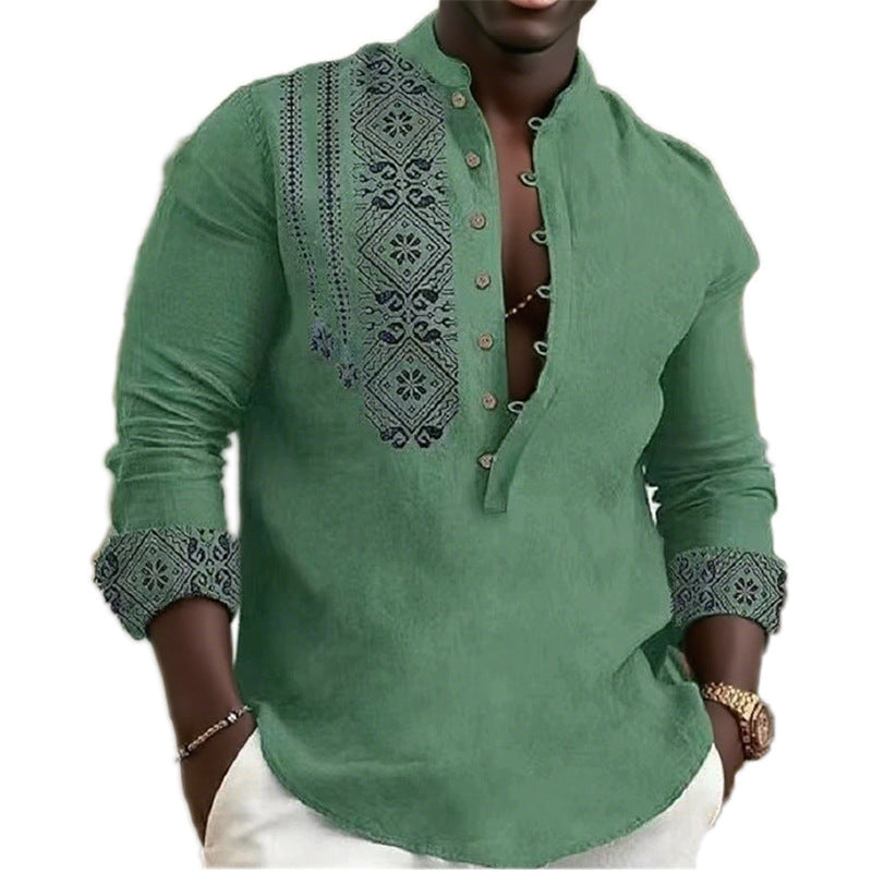 Comfortable men's long sleeve shirt with a unique ethnic pattern, great for everyday wear and a stylish look.