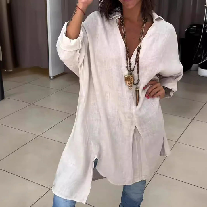 Women's casual button-down blouse with stylish roll-up sleeves, perfect for summer fashion.
