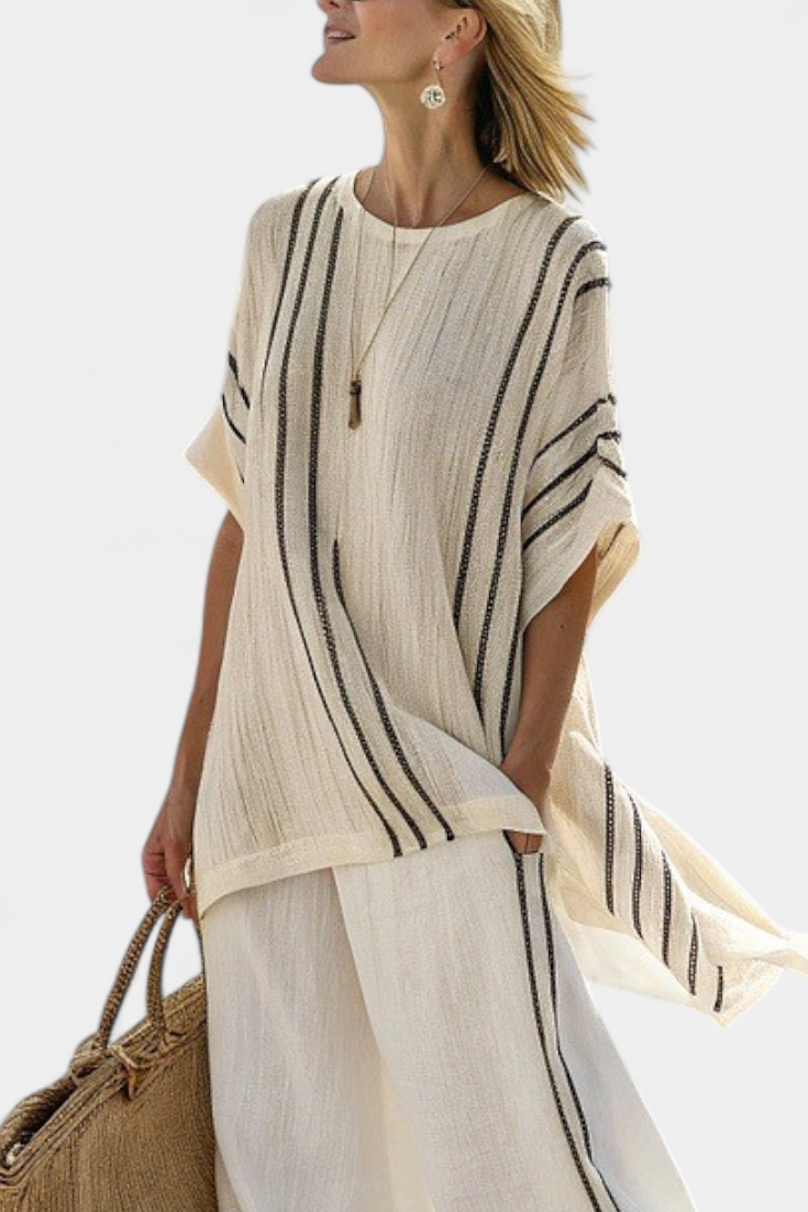 Versatile women's two-piece set featuring an ivory blouse & black striped wide-leg pants for a casual chic look.