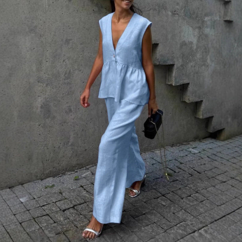 Soft women's V-neck top & flowy wide-leg pants set, designed for comfortable casual wear.
