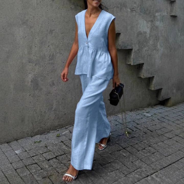 Soft women's V-neck top & flowy wide-leg pants set, designed for comfortable casual wear.