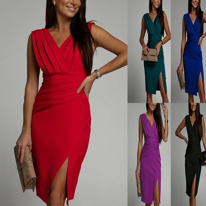 Elegant slim-fit wrapped V-neck midi dress for women, perfect for evening wear & special occasions.