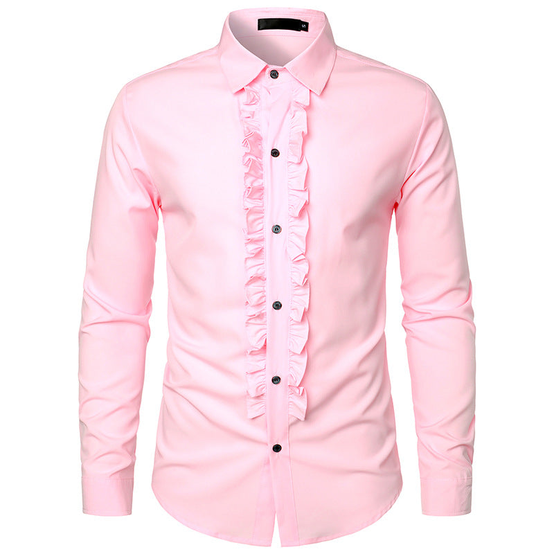 Stylish men's white button-down ruffle dress shirt, an elegant slim-fit top for formal events & parties.