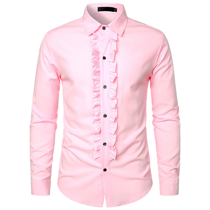 Stylish men's white button-down ruffle dress shirt, an elegant slim-fit top for formal events & parties.