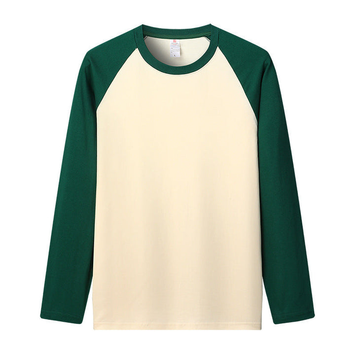 Model wearing a men's long sleeve raglan t-shirt, demonstrating its relaxed fit & casual comfort style.