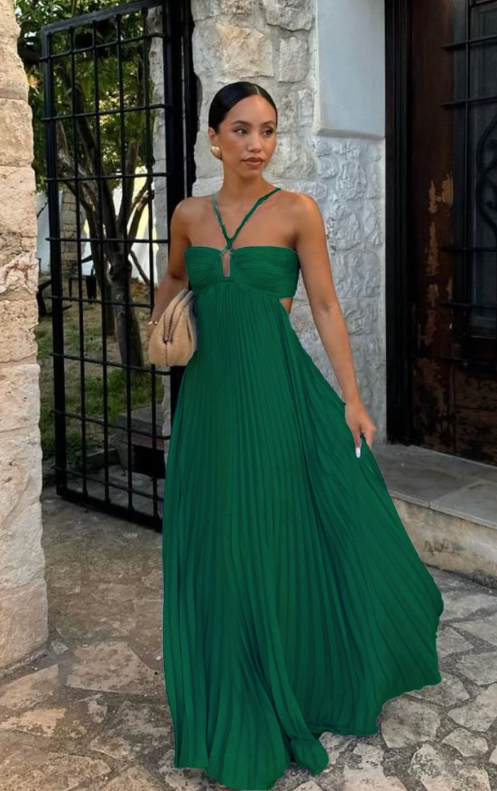 Formal women's off-shoulder dress featuring a full pleated skirt and elegant adjustable straps for comfort.