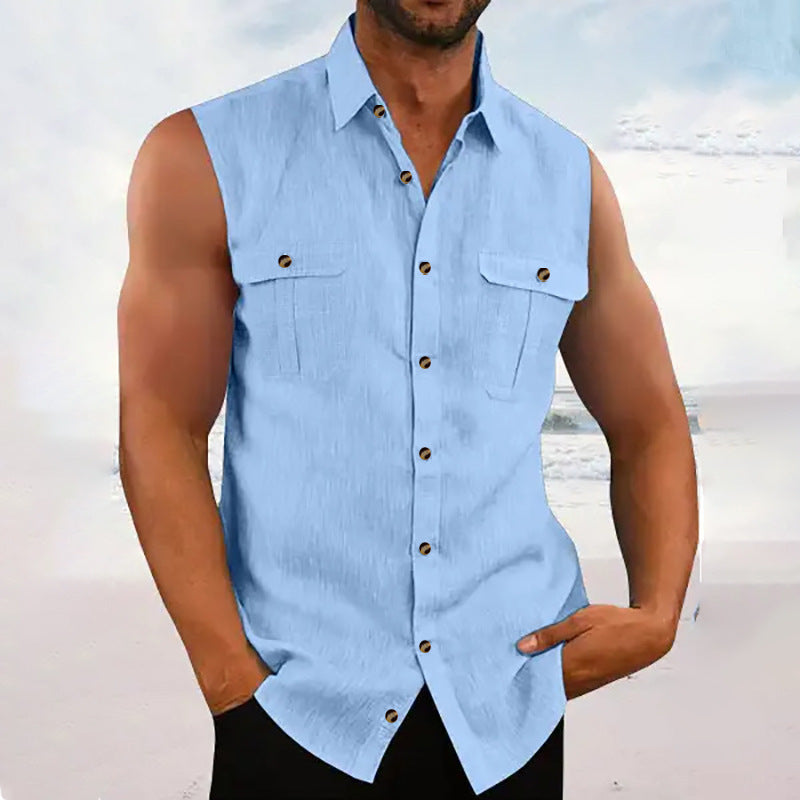 Stylish men's sleeveless button-down shirt, ideal for warm weather & casual comfort.