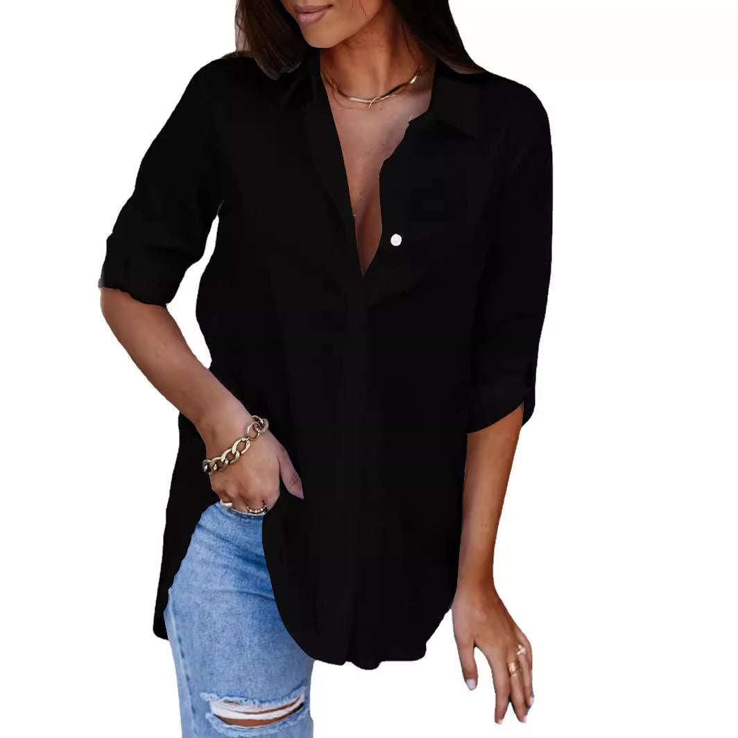 Chic women's casual button-up blouse, suitable for office wear, everyday errands, or stylish outings.