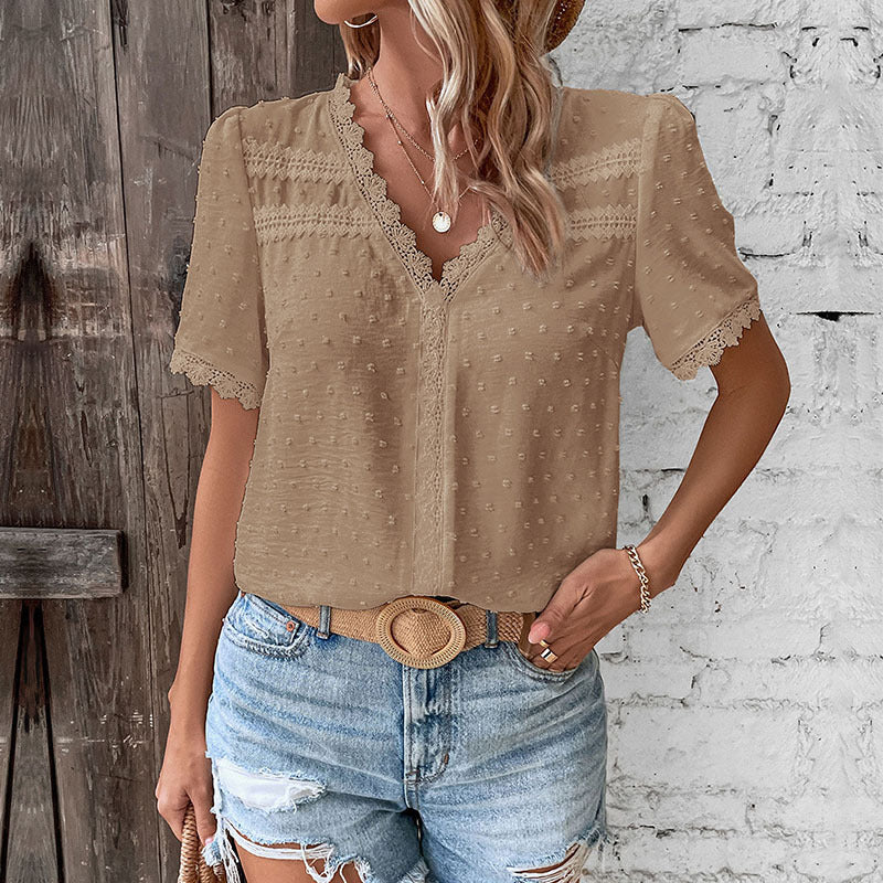 Elegant women's short sleeve V-neck blouse, easily styled for chic summer outfits.